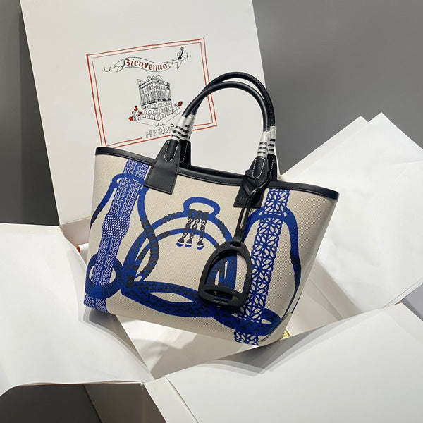 STEEPLE 28 BAG IN OFF-WHITE MIX BLUE CANVAS AND BLACK CALFSKIN