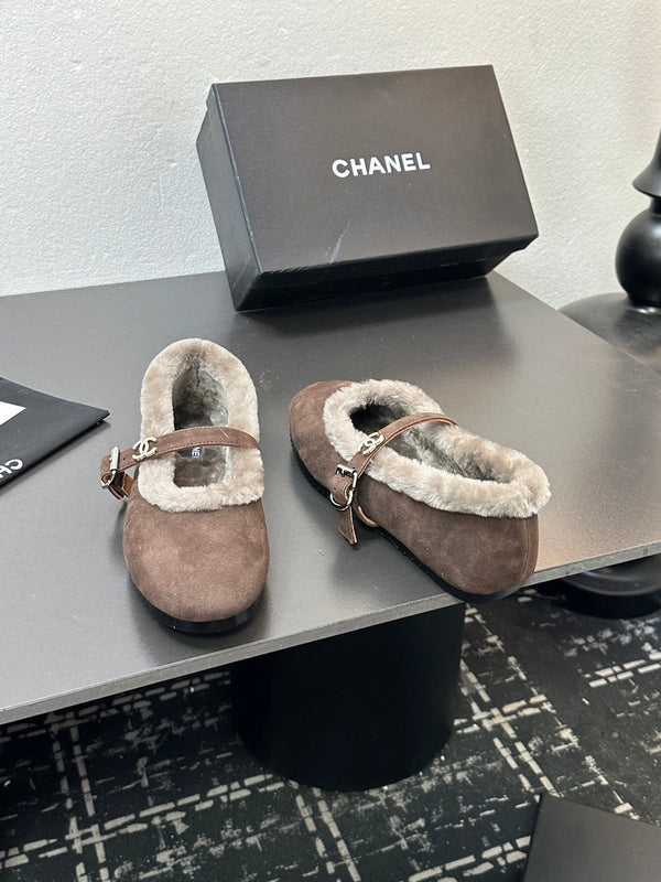 CC 2025 Puffer Ballet Flat With Strap Dark Coffee Sheepskin Fur 529345