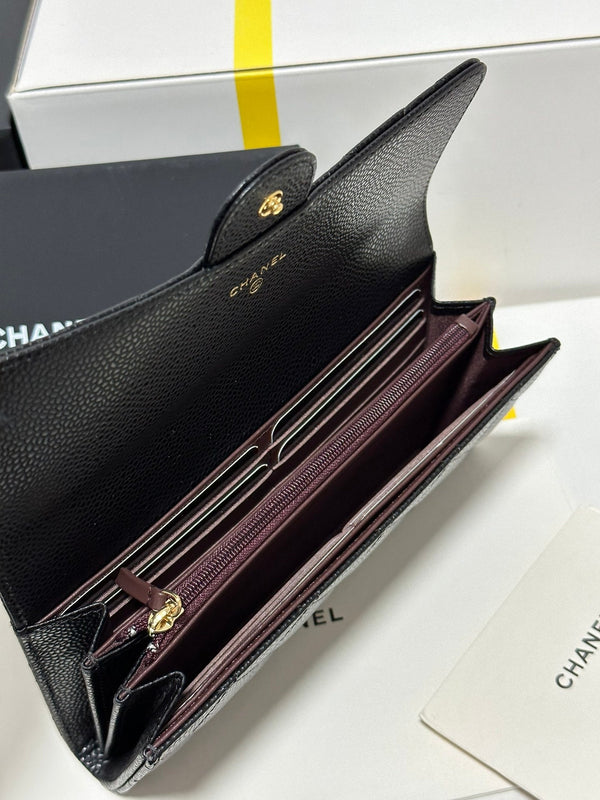 CC Classic Long Flap Wallet Black Quilted Caviar Gold Buckle 243676