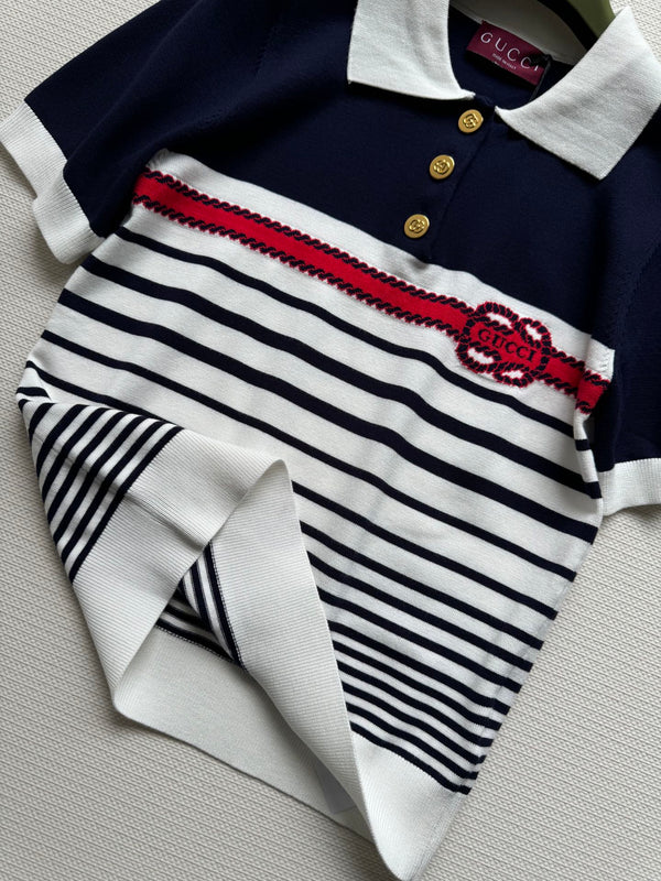 Gucci Striped Polo Knitted Top Dark Blue White Cotton