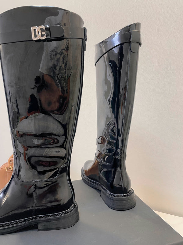 DC 24 Knee-High Boots Black Cowhide Patent & Nubuck 982194