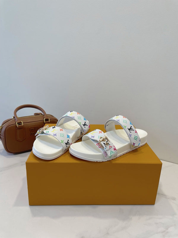Bom Dia Flat Comfort Mule White and Multicolored Monogram Canvas 241334
