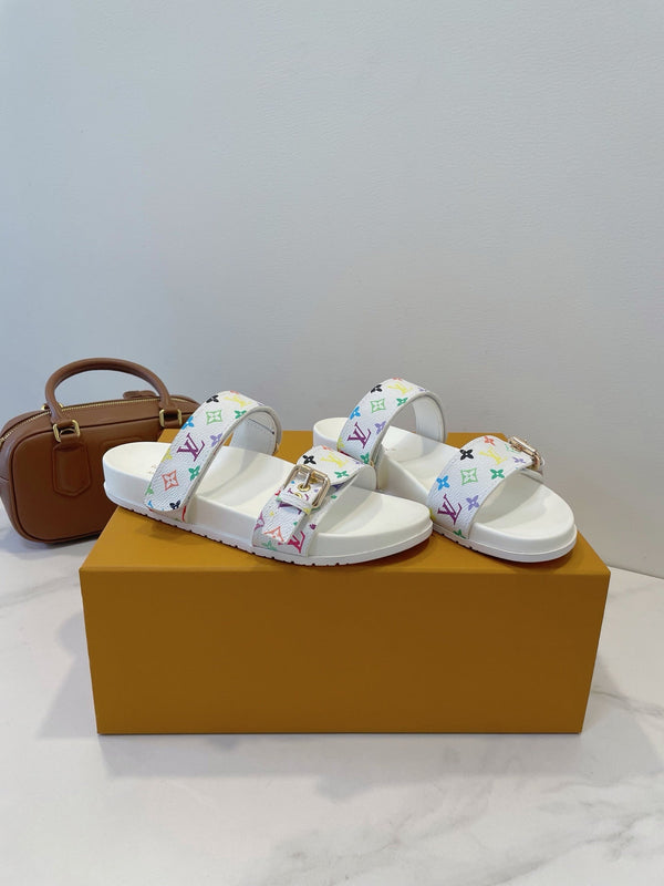 Bom Dia Flat Comfort Mule White and Multicolored Monogram Canvas 241334