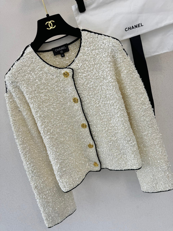 CC 26s Neck Long Sleeved Cardigan White Tweed 364287