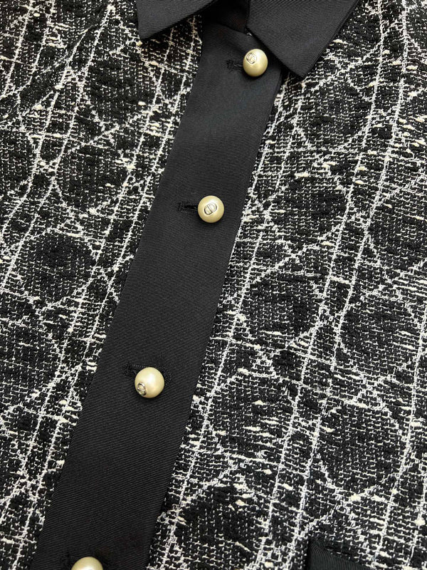 Dior 2025 Cannage Tweed Jacket with Pearl Buttons Black White Cotton