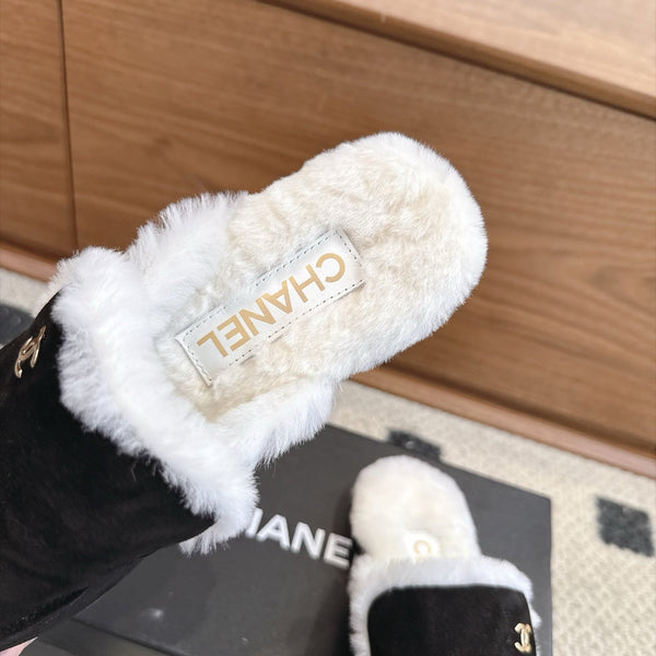 CC 26s Mule Mir Half-Slippers Black White Shearing Suede 983861