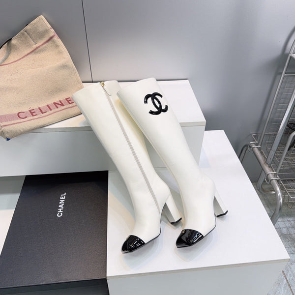 CC 26s Cap-Toe Knee-High Boots 8.5cm White Stretch Lambskin 966849