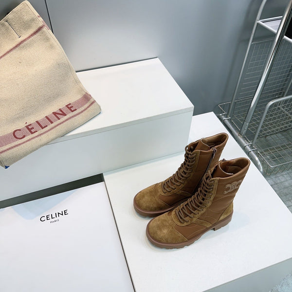 CE 26s Triomphe Lace-Up Combat Boots Tan Suede Leather 107300