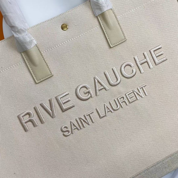 Rive Gauche Tote Ivory Canvas Leather Trim 286036