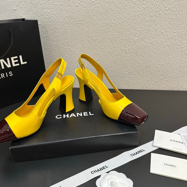 CC Slingback Block Heel Yellow Brown Patent Leather 864117