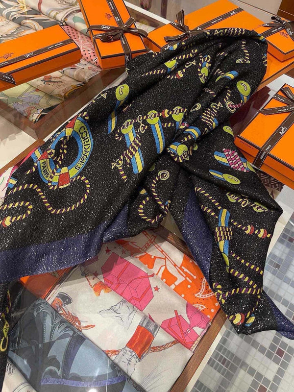 Scarf 200 CM In Black Colorful Cashmere Silk 264152