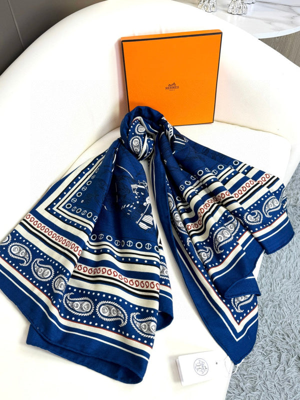 Tatouages Marins Bandana Shawl 135 CM Dark Blue Mix White Red Cashmere And Silk 401090
