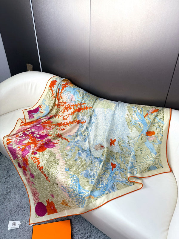 Square Scarf 135CM In Light Blue Colorful Cashmere And Silk
