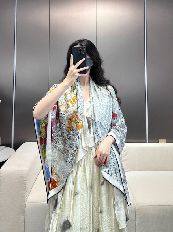 Retour A La Nature Shawl 135CM In Black White Colorful Cashmere And Silk