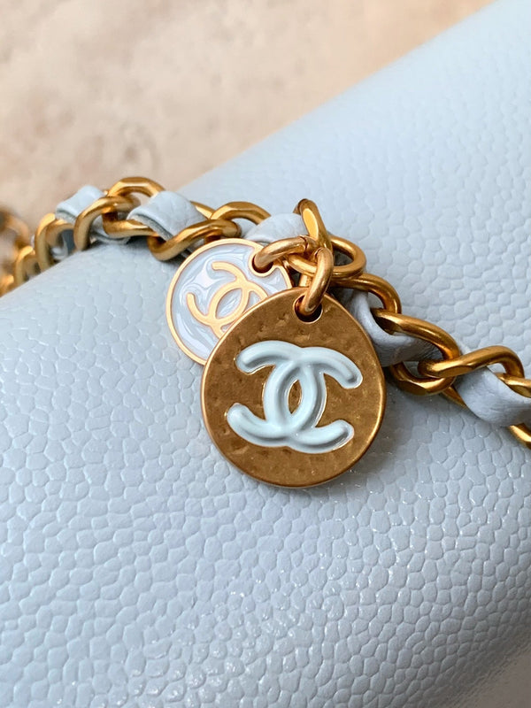 CLASSIC FLAP BAG 22 IN SKY BLUE CALFSKIN GOLD HARDWARE