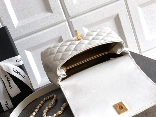CC Coco Top Handle Bag 19cm White Quited Leather