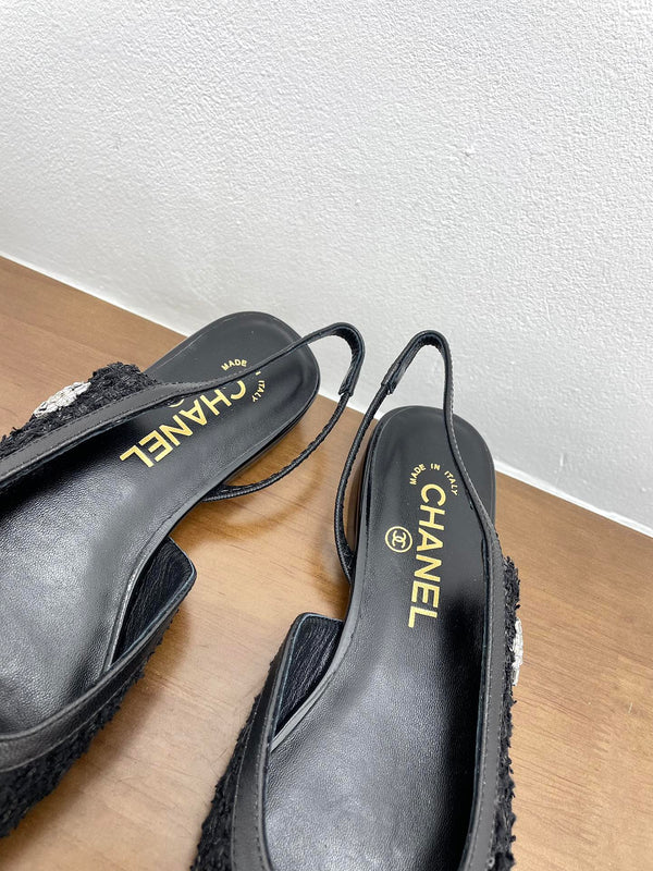 CC Slingback Black Tweed Fabric And Calfskin