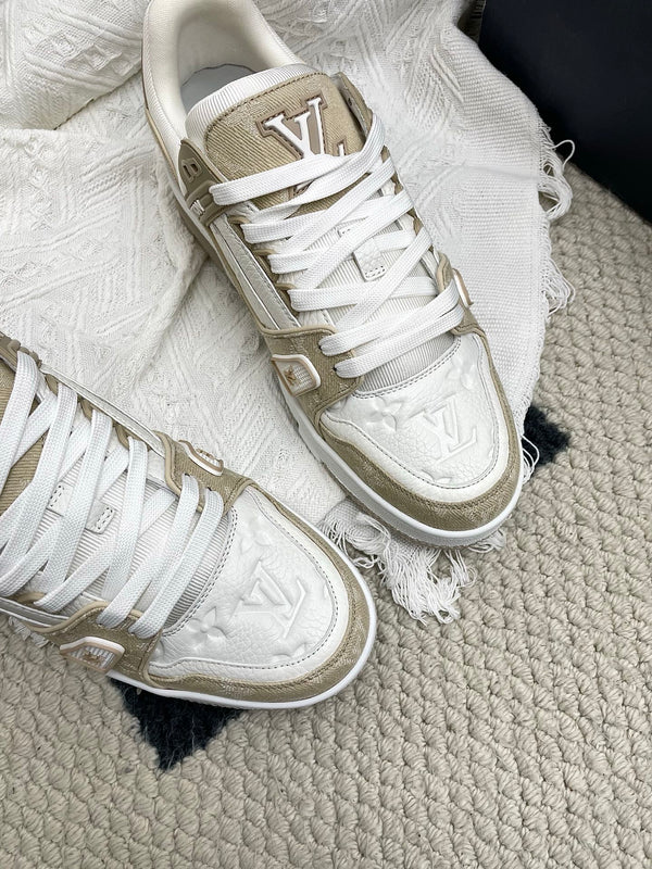 LV Trainer Sneaker White Taupe Denim Cowhide 611153