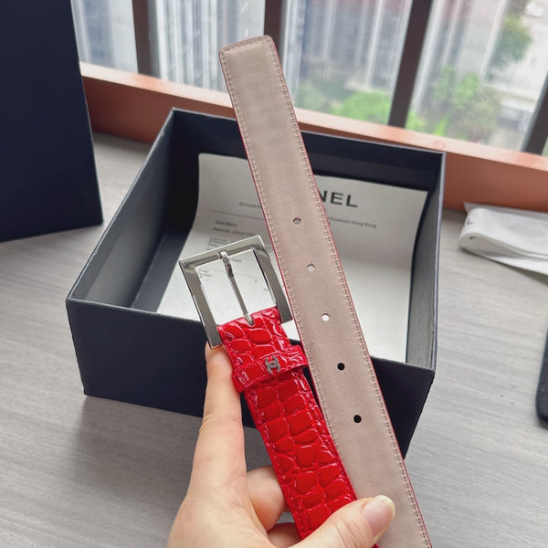 CC Belt 3cm Red Sliver Embossed Crocodile Pattern Leather 202811