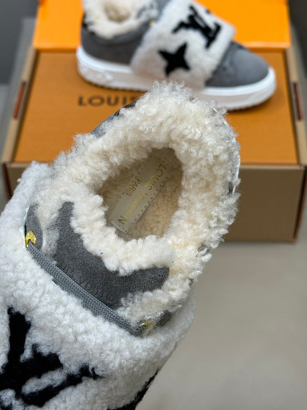 LV 25 Velcro Furry Sneakers Gray White Suede Wool 576950