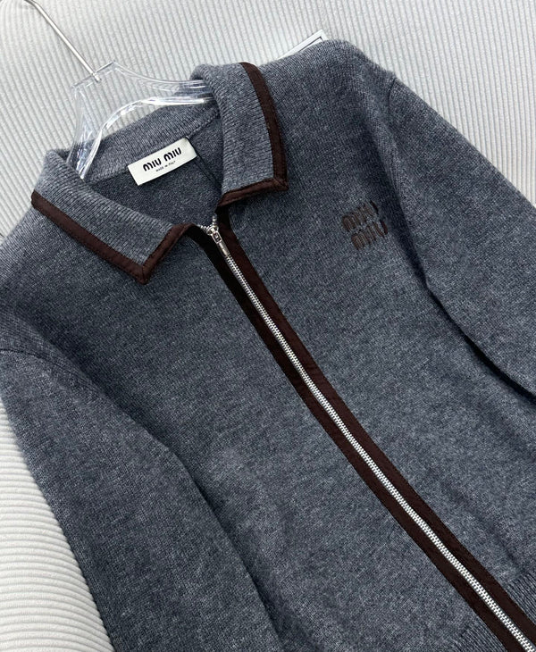 Miu 26s Zip-Up Jacket Grey Cotton Wool 426219