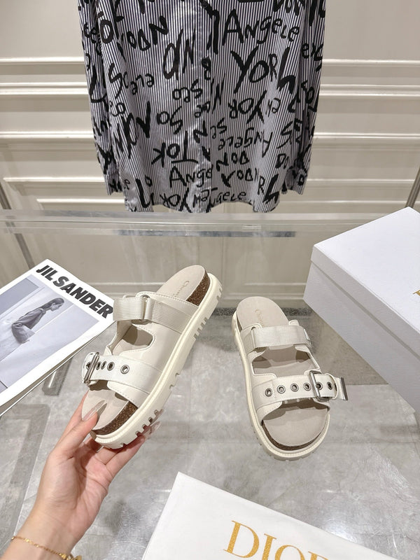 CD 26s Double-Strap Slide Sandals Cream Fabric 919010