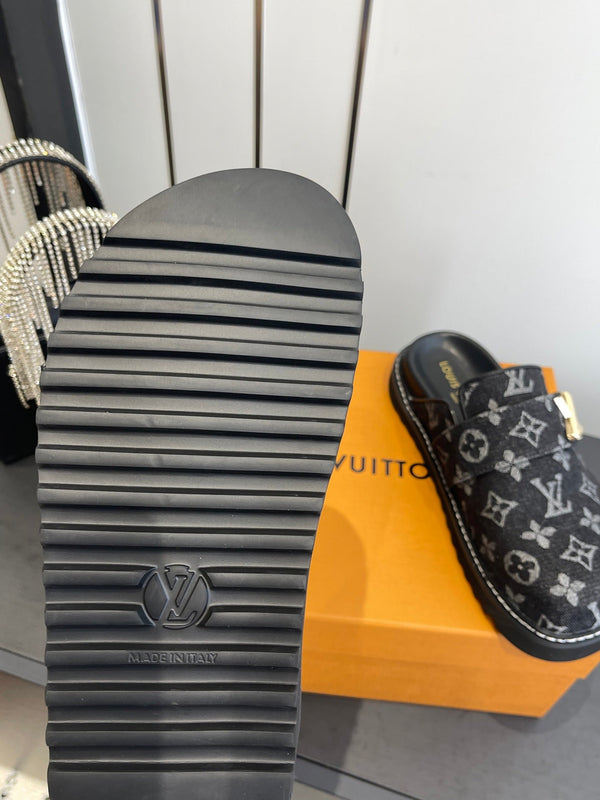 LV Cosy Comfort Mule Sandals Black Gold Denim Monogrammed 533457