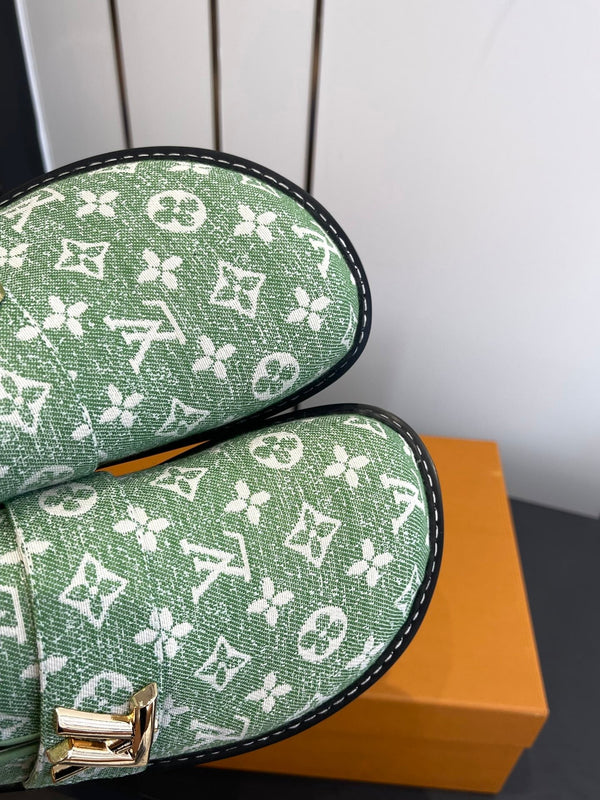 LV Cosy Comfort Mule Sandals Green Gold Denim Monogrammed 533458