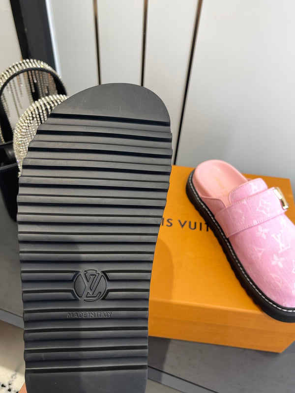 LV Cosy Comfort Mule Sandals Pink Gold Denim Monogrammed 533459
