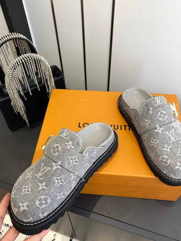 LV Cosy Comfort Mule Sandals Grey Gold Denim Monogrammed 533461