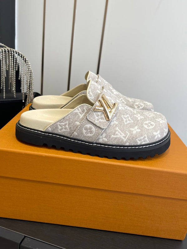LV Cosy Comfort Mule Sandals Lighe Beige Gold Denim Monogrammed 533462