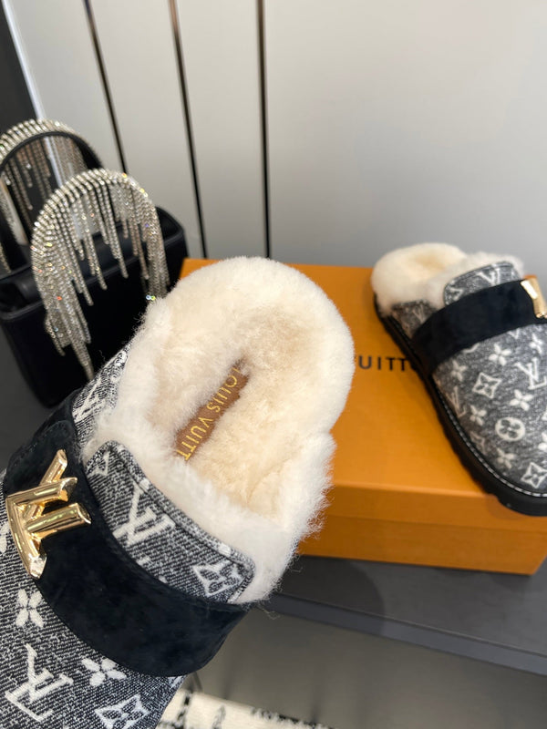 LV Cosy Flat Slippers Comfort Clog Black Grey BeigeLeather Monogram Fur 533468