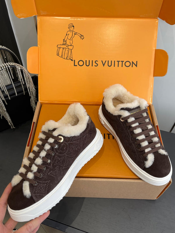 LV Time Out Sneaker 40mm Marron White Monogram Denim Suede Fleece Lined 533475