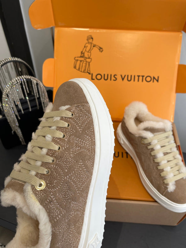 LV Time Out Sneaker 40mm Brown Cream Monogram Denim Suede Fleece Lined 533476