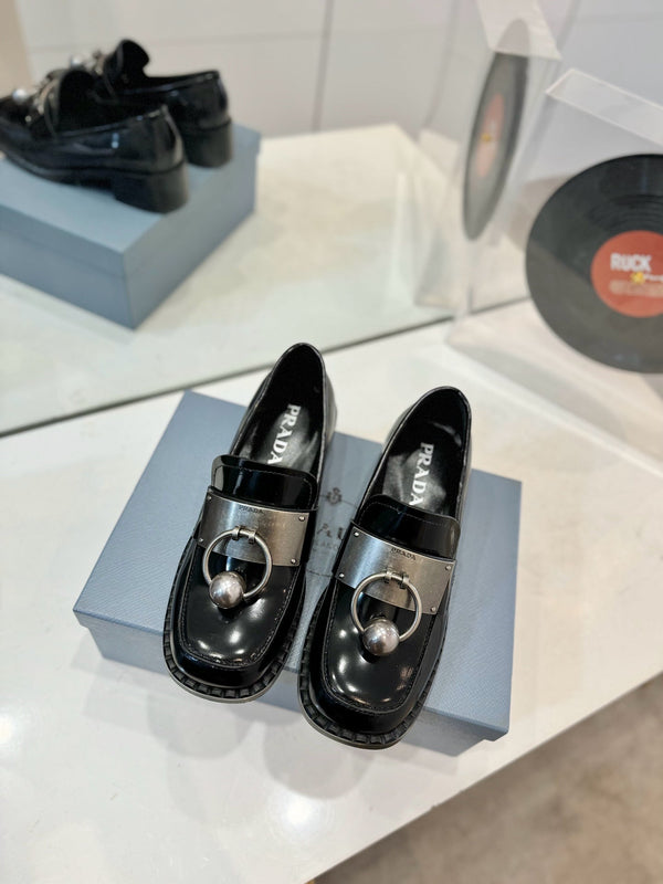 Prad 26s Ball Chain Loafers Black Brushed Leather 941515