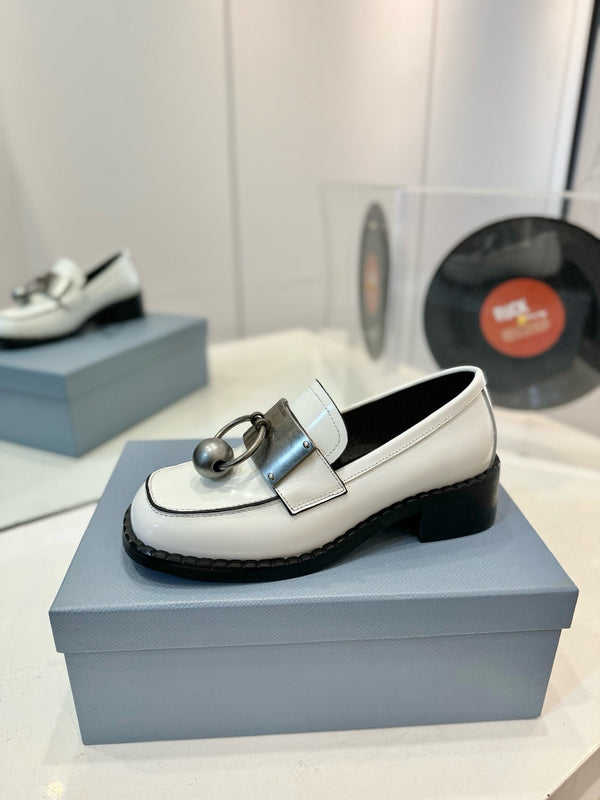 Prad 26s Ball Chain Loafers White Brushed Leather 941516