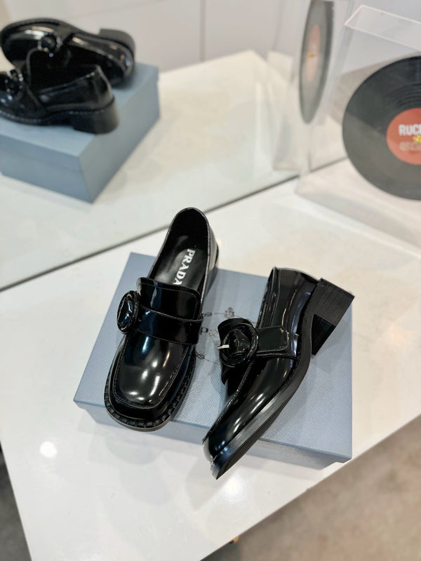 Prad 26s Heeled Loafers Black Brushed Leather 941519