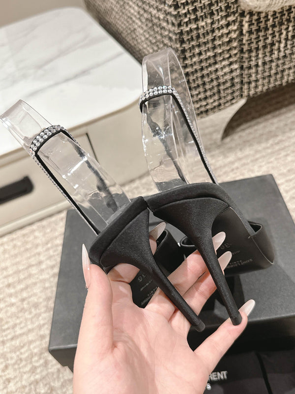 BARBARA 90 EMBELLISHED BLACK SATIN MULES WITH RHINSTONES
