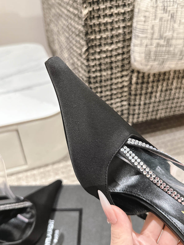 BARBARA 90 EMBELLISHED BLACK SATIN MULES WITH RHINSTONES