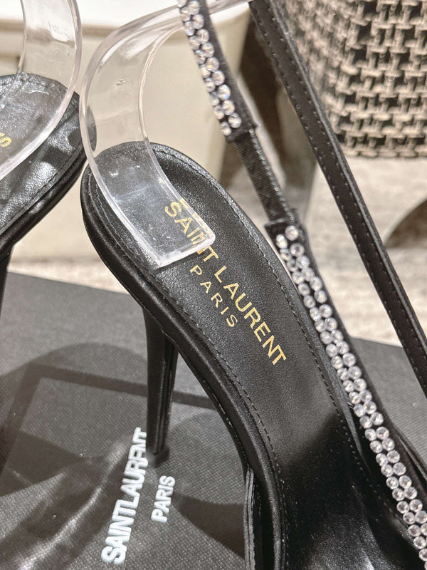 BARBARA 90 EMBELLISHED BLACK SATIN MULES WITH RHINSTONES