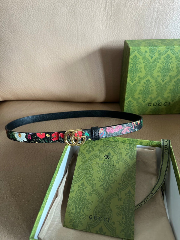 GG Marmont Reversible Belt 3.0cm Flora Print Black Leather