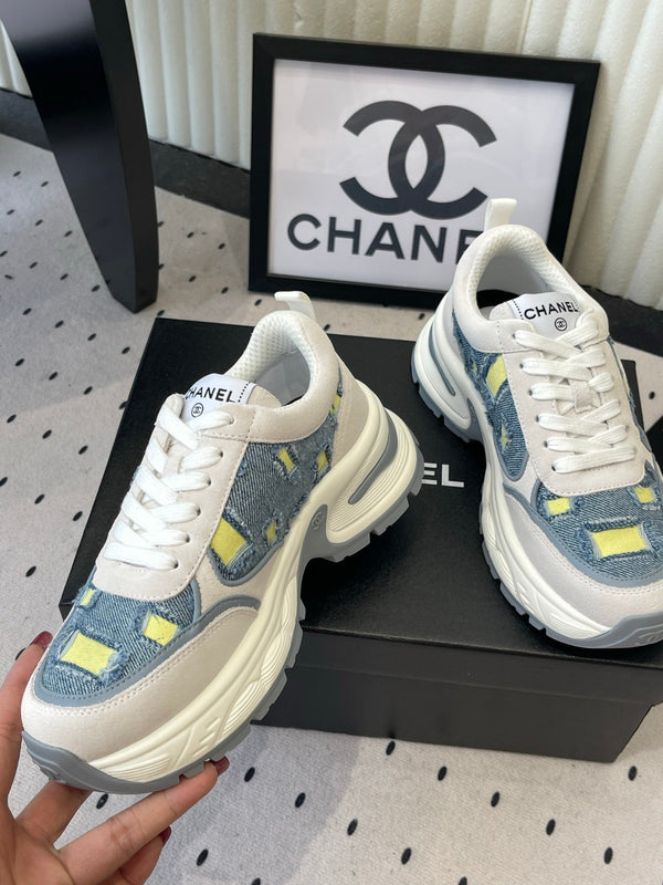 CC 26s Chunky Platform Casual Sneakers Blue White Yellow Denim Suede 968606
