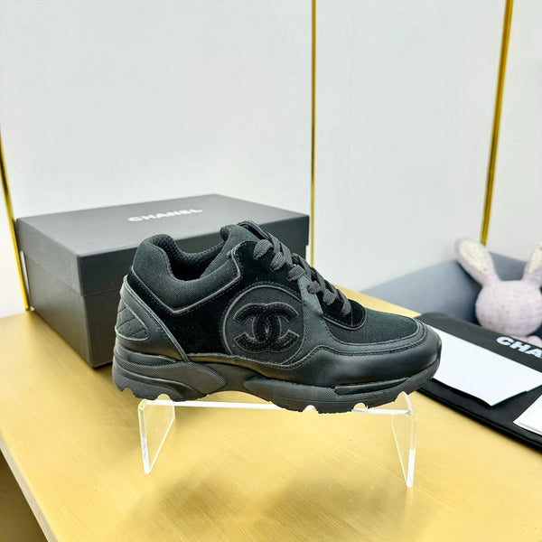 cc womens sneaker in black wool tweed and suede calfskin 137612