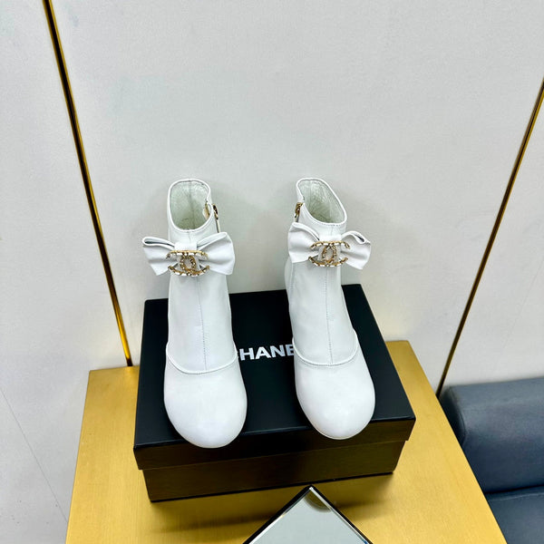 CC Bow-Adorned Rhinestone Boots White Cowhide 564596