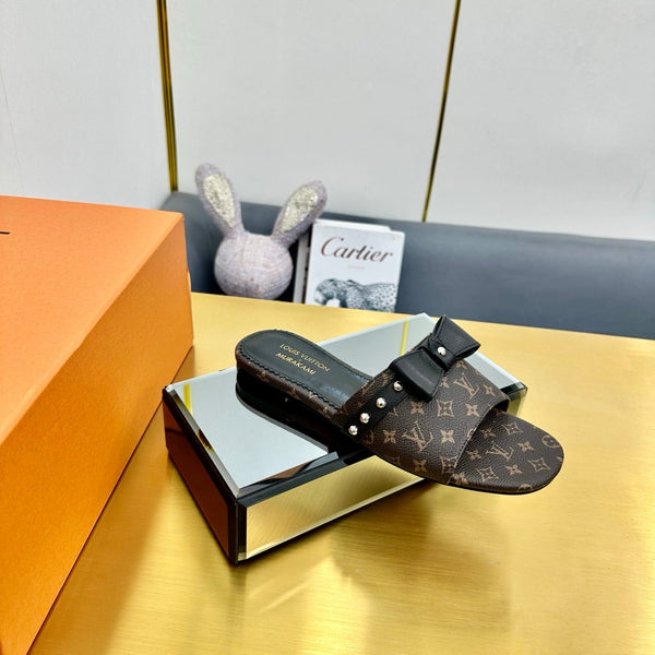 LV 25C LV x TM 6AM Flat Mule Black Bow Mocha Brown with Monogram Multicolore Leather 219951