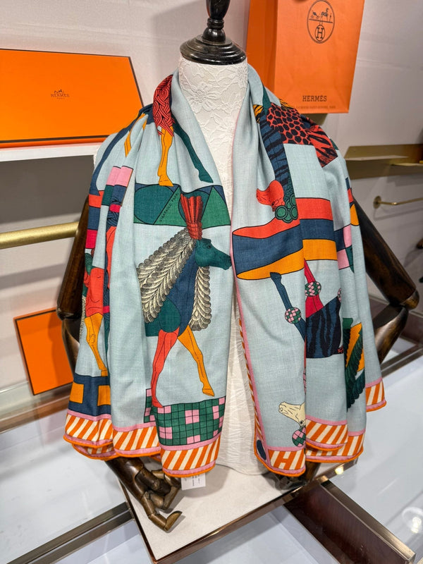 HM A Toute Allure Scarf 140 Light Blue Orange Cashmere Silk