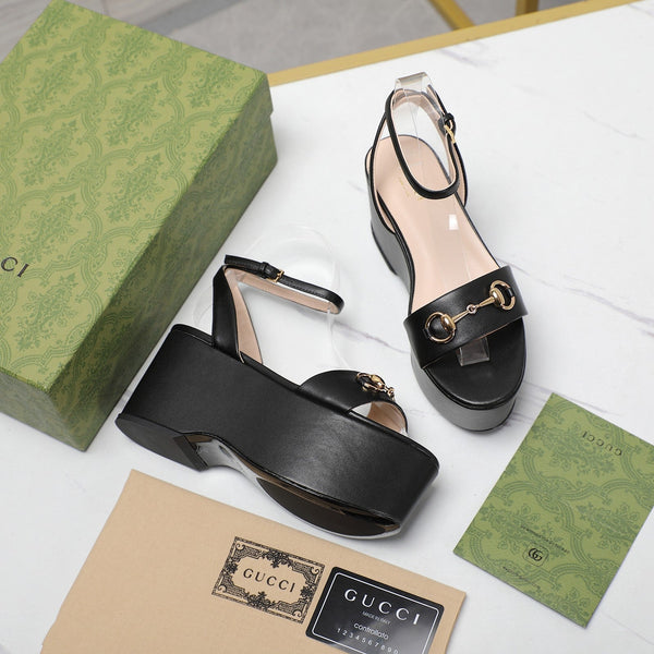 GG Horsebit Wedges Sandals Black