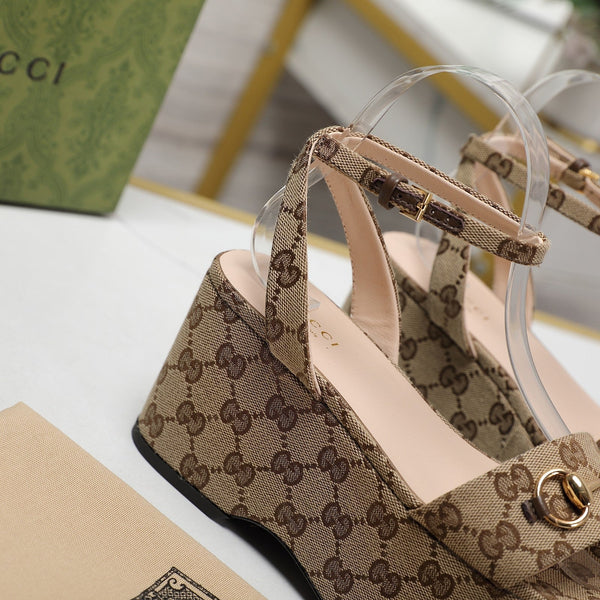 GG Horsebit Wedges Sandals Brown