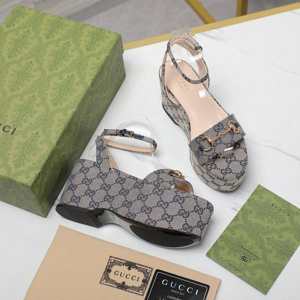 GG Horsebit Wedges Sandals Grey