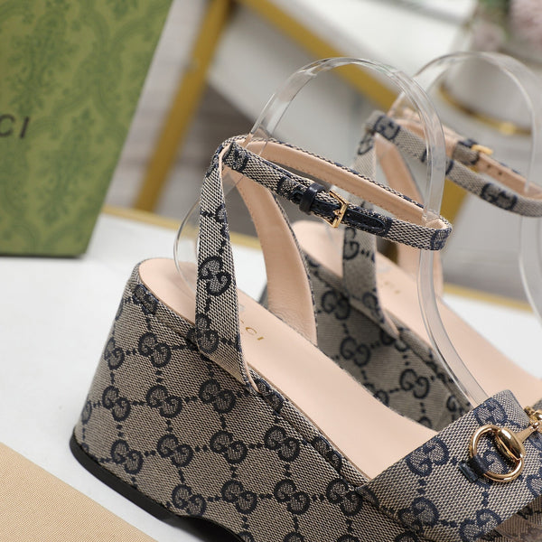 GG Horsebit Wedges Sandals Grey